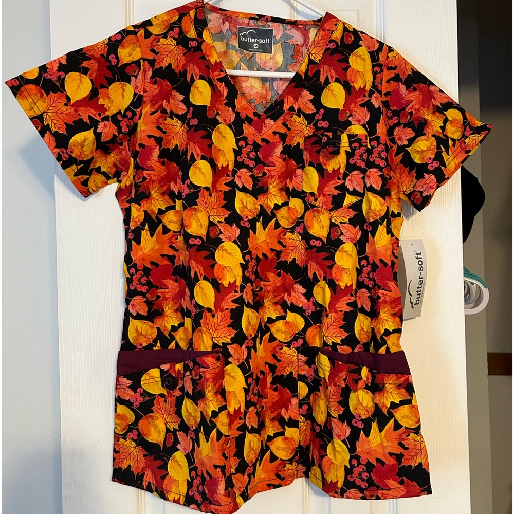 Fall leaves printed women’s scrub top